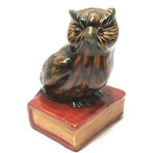 Vintage Ceramic Owl Sitting on Book Glass Eyes